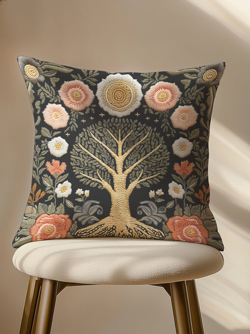A square charcoal black decorative pillow cover made from a linen-feel fabric. The design features a large, central Tree of Life in antique gold and sage green, with intricate roots at the base. The tree is surrounded by a symmetrical pattern of stylized folk art flowers in muted blush pink, terracotta, and off-white. The print has a faux embroidered, tapestry-style texture. In each of the four corners is a circular, sun-like medallion, completing the ornate, botanical noir design.